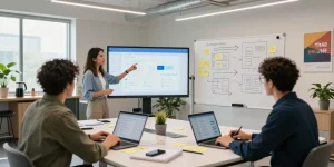 Collaborative team building internal tools with AI in a modern workspace.