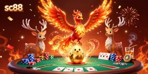 Engage with sc88's vibrant poker scene featuring a mystical phoenix and rich casino elements.