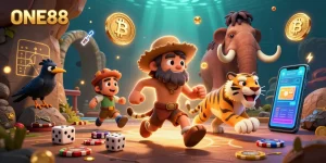 ONE88 brings excitement to the casino with a dynamic scene featuring cavemen and crypto coins.