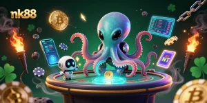 Join nk88's thrilling poker adventure with an alien octopus and dynamic gaming elements in this vibrant digital scene.
