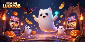 Experience thrilling wins at Nhà cái LUCKY88 with a ghost cat and slot games in an enchanting casino scene.