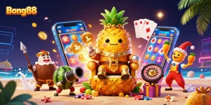 Bong88 players enjoying a vibrant casino scene with a golden pineapple king amidst tropical elements and games.