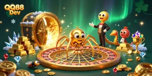 Place bets with QQ88 Dev in this vibrant, 3D roulette-inspired casino scene.