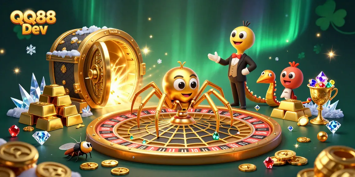 Place bets with QQ88 Dev in this vibrant, 3D roulette-inspired casino scene.