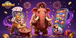 Experience the excitement of sc88hd with a vibrant 3D casino scene featuring animated characters and game elements.