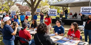Community event with Casey Askar campaign supporters engaging with voters in a local park.